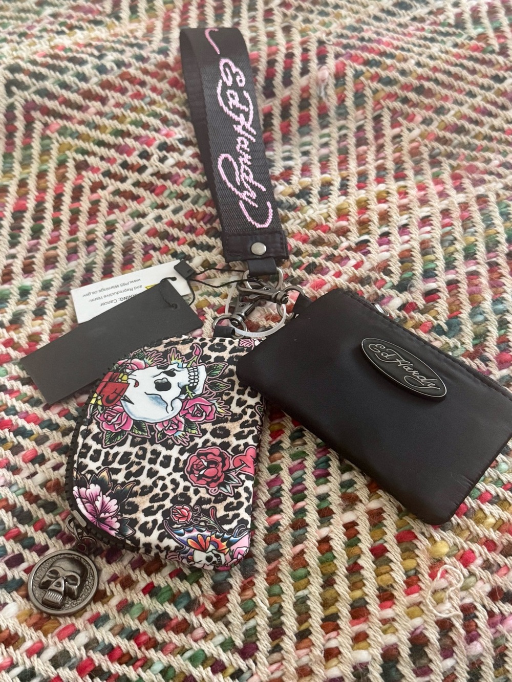 NWT Ed Hardy 3-Piece Wristlet Set Black Pouch & Leopard Skull Coin Purse
